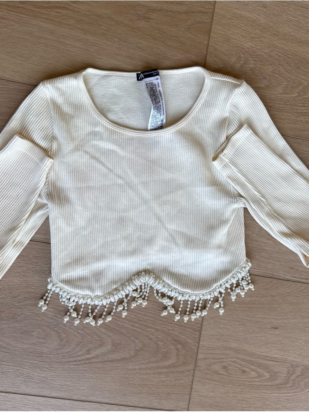 Zara Cream Ribbed Long-Sleeve Crop Top with Beaded Fringe